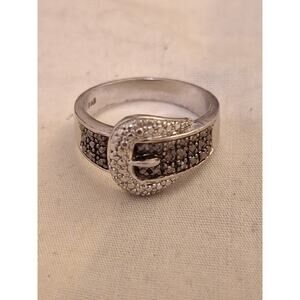 Genuine 925 Sterling Silver Black White Diamond Gemstone Belt Ring